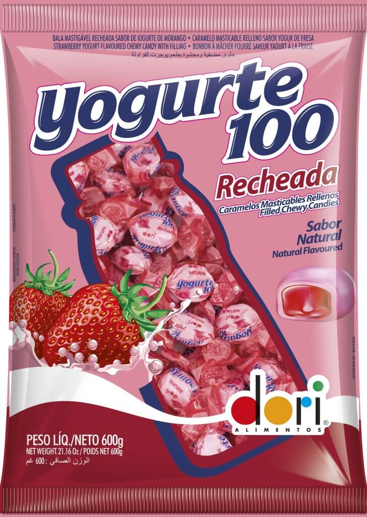 Bala Mastigável Recheada Yogurte 100 Morango Dori 600g - Confeitaria e Artigos para Festas em Blumenau