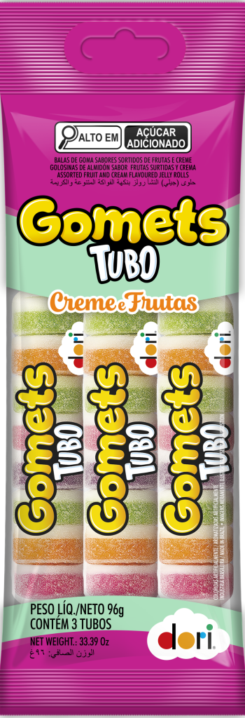Bala de Goma em Tubo Creme e Frutas Gomets Dori Embalagem com 3 Unidades - Confeitaria e Artigos para Festas em Blumenau